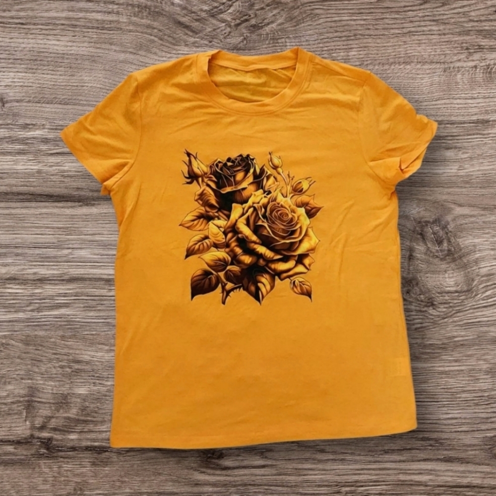 NWT Womens Floral Rose Print Graphic Top Orange and yellow